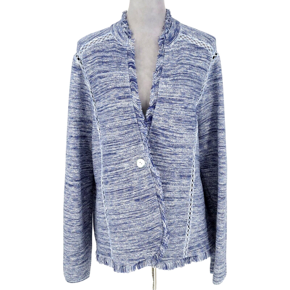 Chicos 3 Sweater Jacket Womens XL 16 Blue Cotton Linen Blend Fringe Lattice